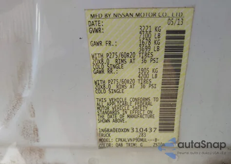 2013 Nissan Titan Sl z USA, uszkodzony, nr VIN 1N6BA0EDXDN310437